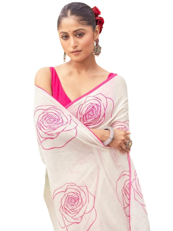 Premium White Linen Cotton Saree with Pink Floral Rose Prints | Daily Wear & Festive Wear