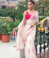 Premium White Linen Cotton Saree with Pink Floral Rose Prints | Daily Wear & Festive Wear