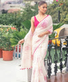 Premium White Linen Cotton Saree with Pink Floral Rose Prints | Daily Wear & Festive Wear