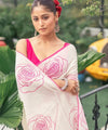 Premium White Linen Cotton Saree with Pink Floral Rose Prints | Daily Wear & Festive Wear