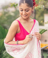 Premium White Linen Cotton Saree with Pink Floral Rose Prints | Daily Wear & Festive Wear