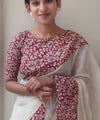 Premium Linen Cotton Saree with Silver Zari Print Border - White | Daily Wear & Festive Wear