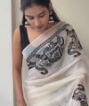 Premium Elephant Print Linen Cotton Saree - White | Daily Wear & Festive Wear