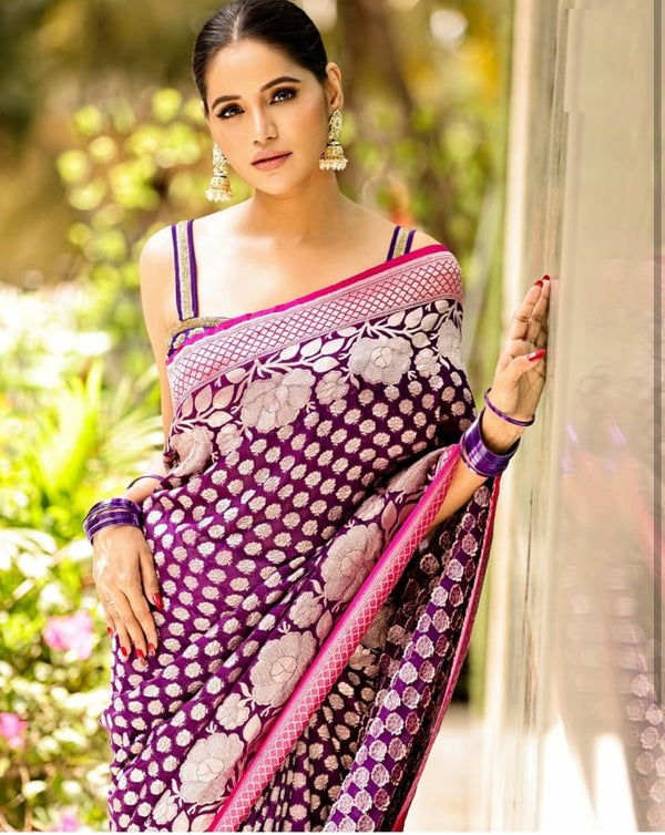Purple Kanjivaram Silk Saree | Traditional Zari Weave