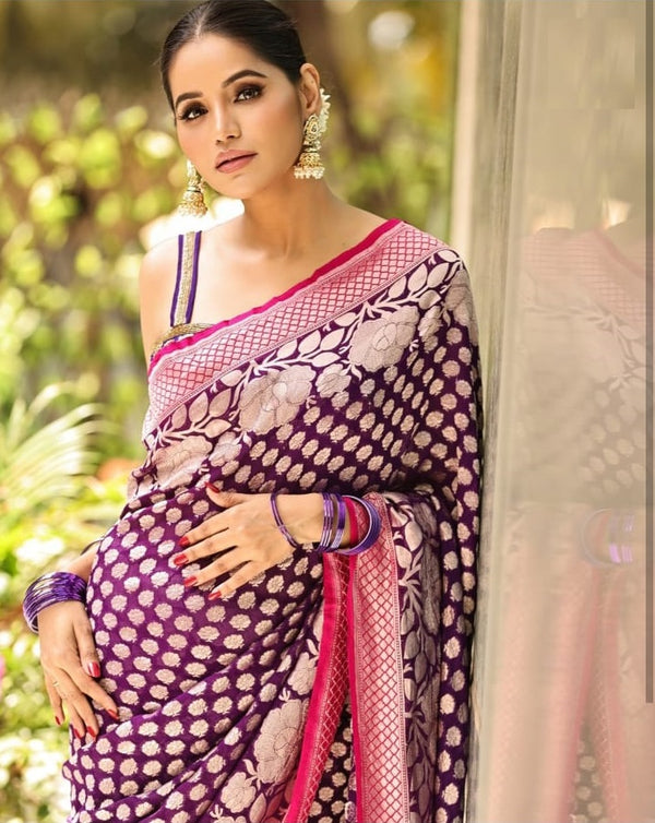 Purple Kanjivaram Silk Saree | Traditional Zari Weave