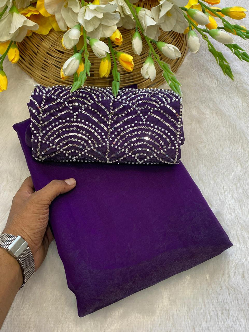Purple Satin Bollywood Saree with Moti Work Designer Blouse | RD DIVISHA