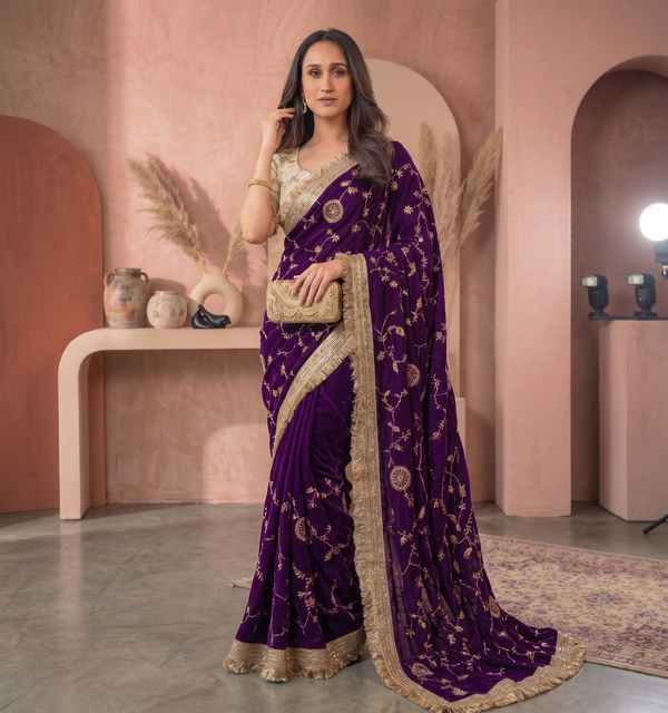 Purple Space Satin Sequin Bits Work Saree for Party Wear | RD RAADO detail view