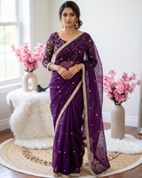 Purple Space Satin Sequin Saree with Mirror Lace Border | RD SANVI