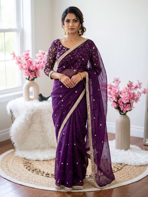 Purple Space Satin Sequin Saree with Mirror Lace Border | RD SANVI detail view
