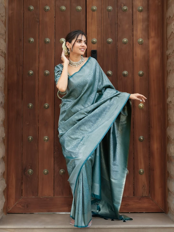 Rama Banarasi Silk Saree | Traditional Zari Weave detail view