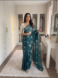 Rama Chiffon Party Wear Saree with Siroski & Moti Work | RD KHUSHI