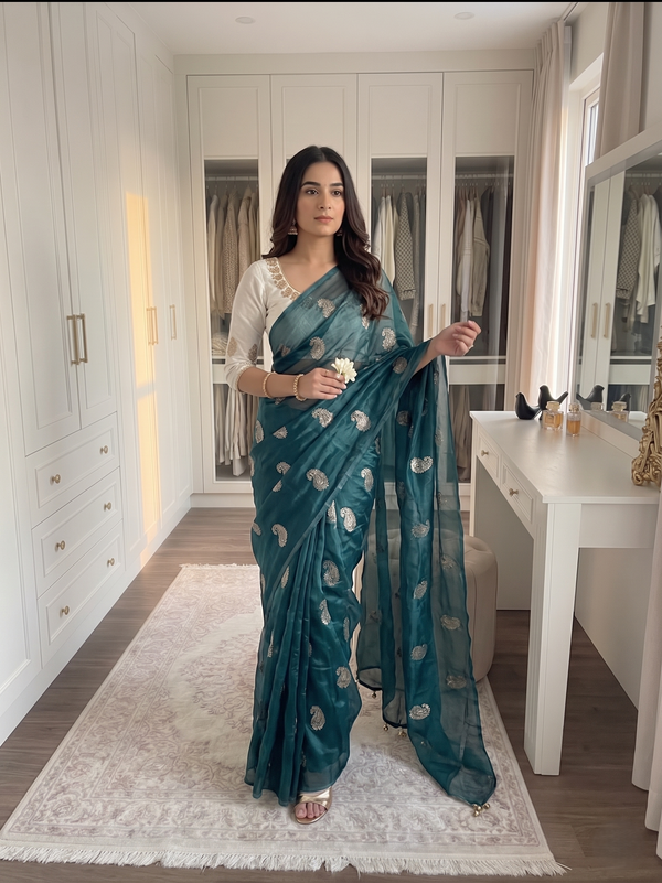 Rama Chiffon Party Wear Saree with Siroski & Moti Work | RD KHUSHI detail view