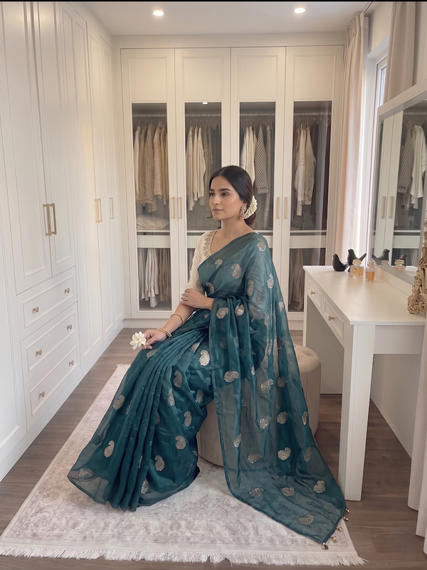 Rama Chiffon Party Wear Saree with Siroski & Moti Work | RD KHUSHI