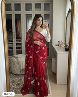 Rani Pink Chiffon Party Wear Saree with Siroski & Moti Work | RD KHUSHI