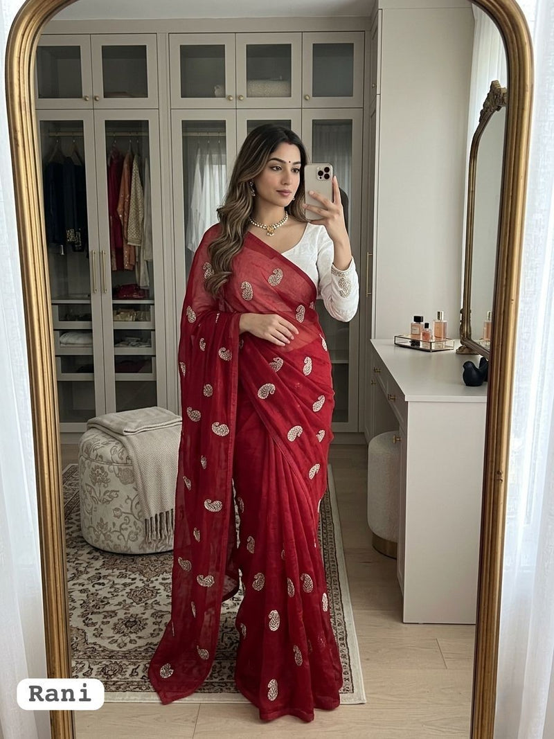 Rani Pink Chiffon Party Wear Saree with Siroski & Moti Work | RD KHUSHI