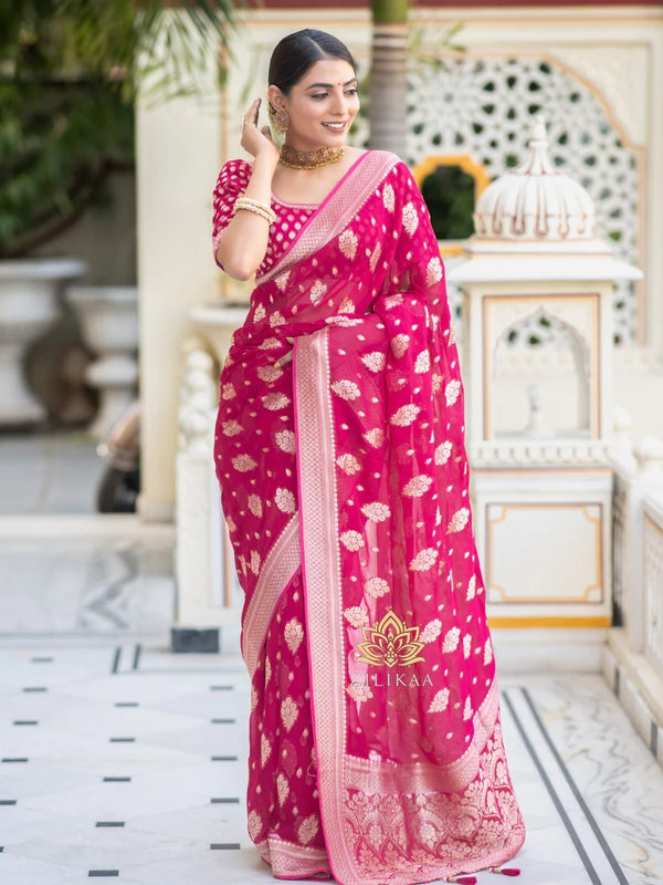 Rani Pink Jacquard Silk Saree | Traditional Wedding Wear detail view