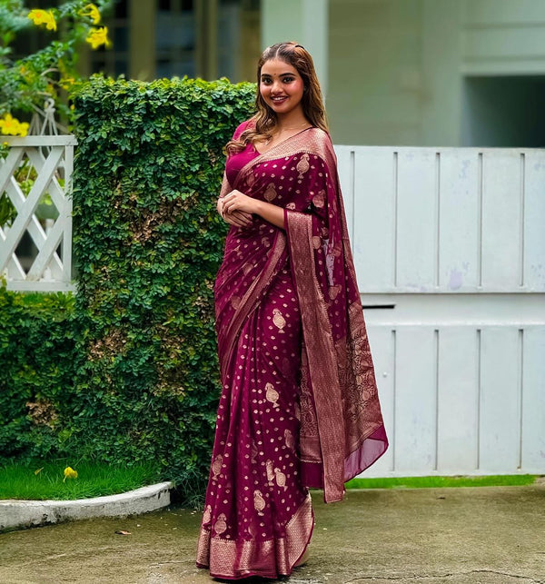 Rani Pink Jacquard Silk Saree | Wedding & Festive Wear