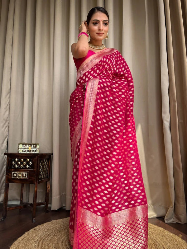 Rani Pink Jacquard Silk Saree | Wedding & Festive Wear