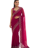 Rani Pink Satin Saree with Zari Weaving & Siroski Border | RD TANISHKA