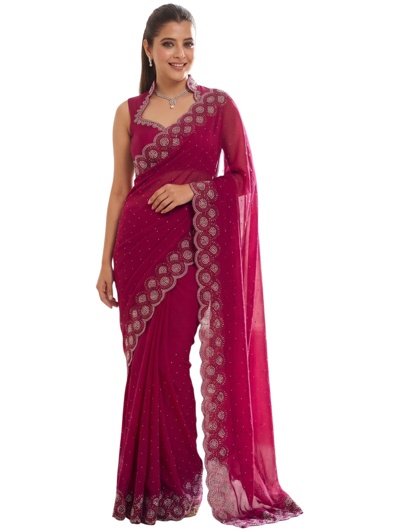 Rani Pink Satin Saree with Zari Weaving & Siroski Border | RD TANISHKA