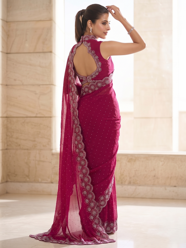 Rani Pink Satin Saree with Zari Weaving & Siroski Border | RD TANISHKA