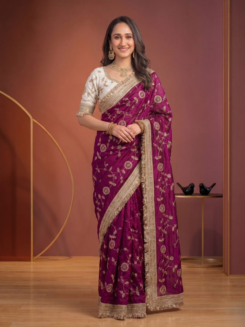 Rani Pink Space Satin Sequin Bits Work Saree for Party Wear | RD RAADO