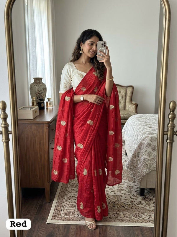 Red Chiffon Party Wear Saree with Siroski & Moti Work | RD KHUSHI detail view