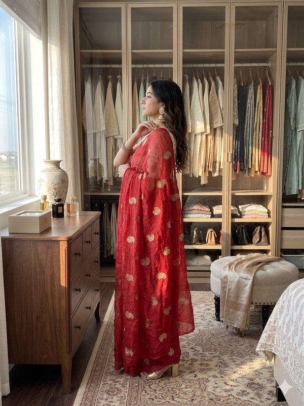 Red Chiffon Party Wear Saree with Siroski & Moti Work | RD KHUSHI