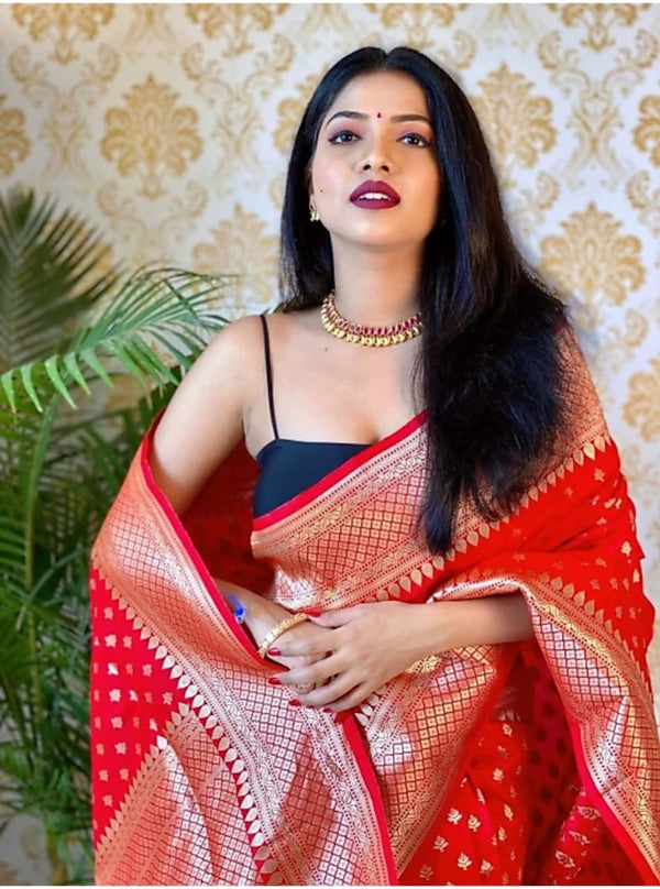 Red Jacquard Silk Saree | Festival & Ceremony Wear detail view