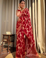 Red Jacquard Silk Saree | Rich Zari Border Saree