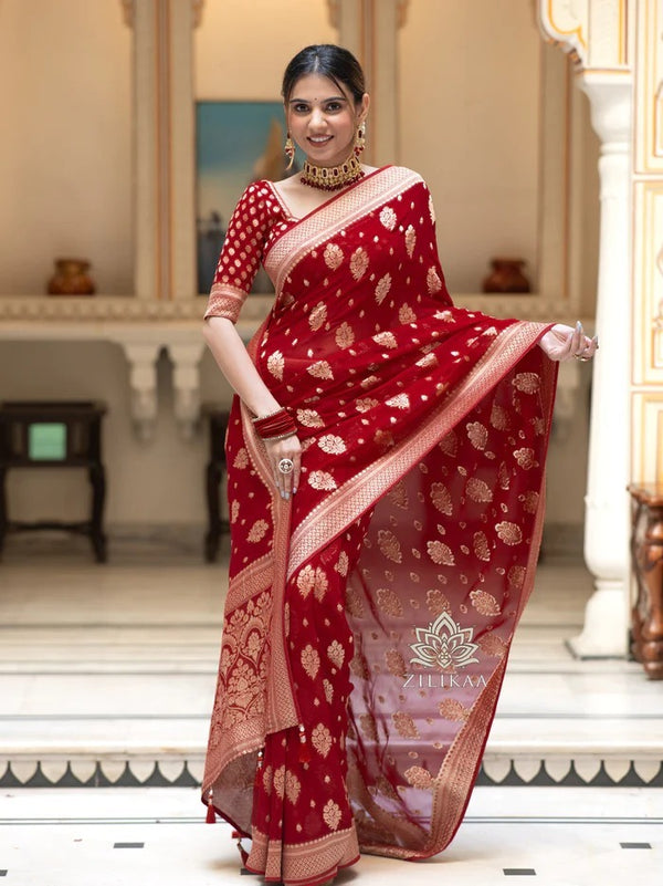 Red Jacquard Silk Saree | Traditional Wedding Wear detail view