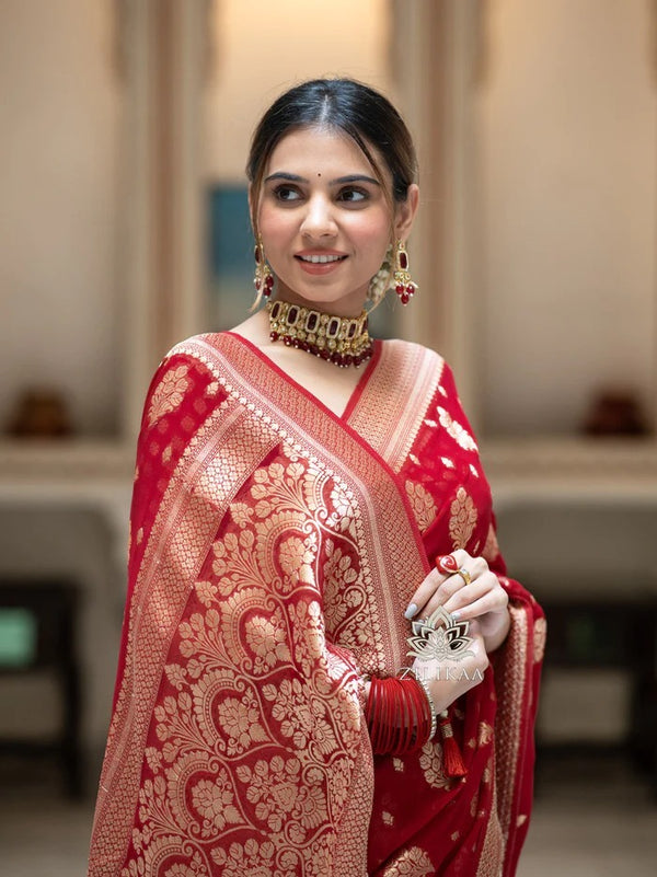 Red Jacquard Silk Saree | Traditional Wedding Wear