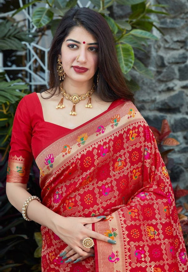 Red Paithani Silk Saree | Peacock Motif Zari Pallu