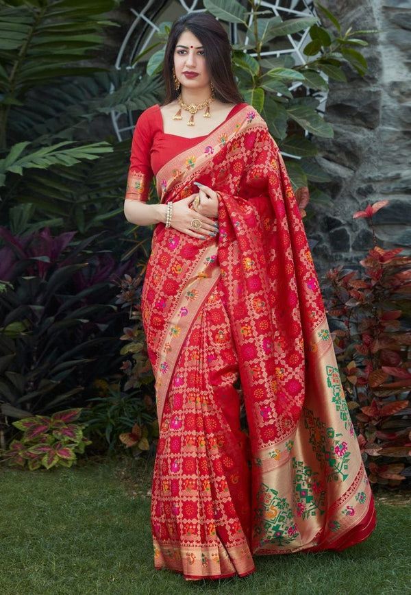 Red Paithani Silk Saree | Peacock Motif Zari Pallu