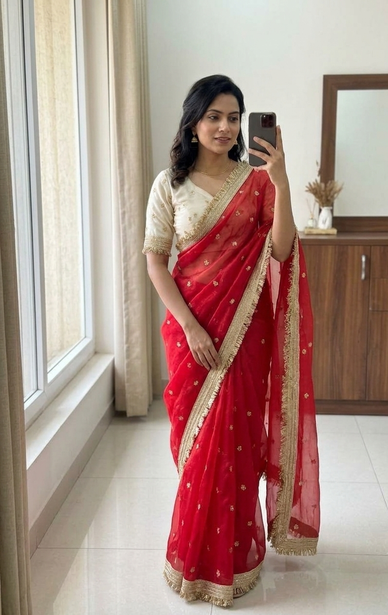 Red Space Satin Sequence Work Saree for Party & Wedding | RD APEXA