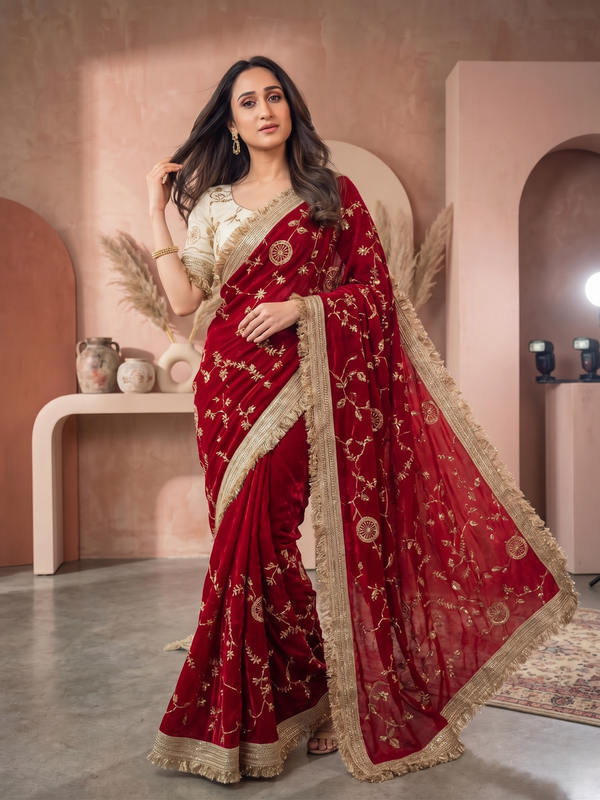 Red Space Satin Sequin Bits Work Saree for Party Wear | RD RAADO