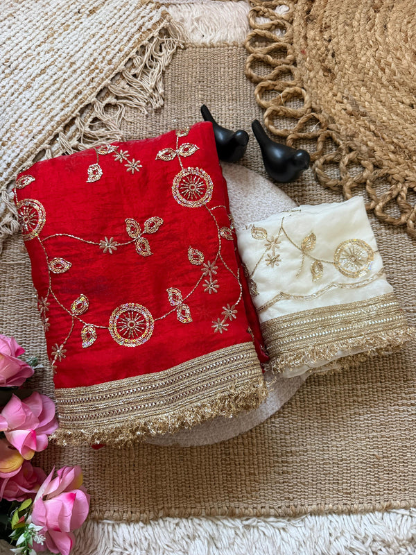 Red Space Satin Sequin Bits Work Saree for Party Wear | RD RAADO