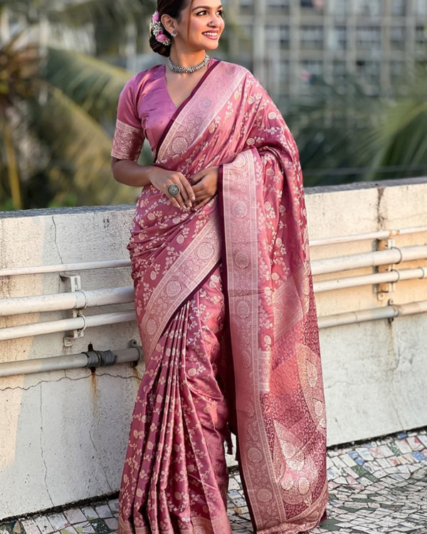 Rose Pink Jacquard Silk Saree | Wedding & Reception Wear