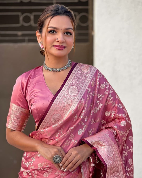 Rose Pink Jacquard Silk Saree | Wedding & Reception Wear