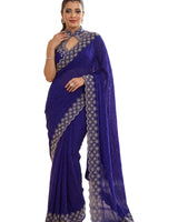 Royal Blue Satin Saree with Zari Weaving & Siroski Border | RD TANISHKA