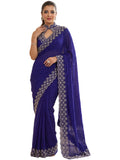 Royal Blue Satin Saree with Zari Weaving & Siroski Border | RD TANISHKA