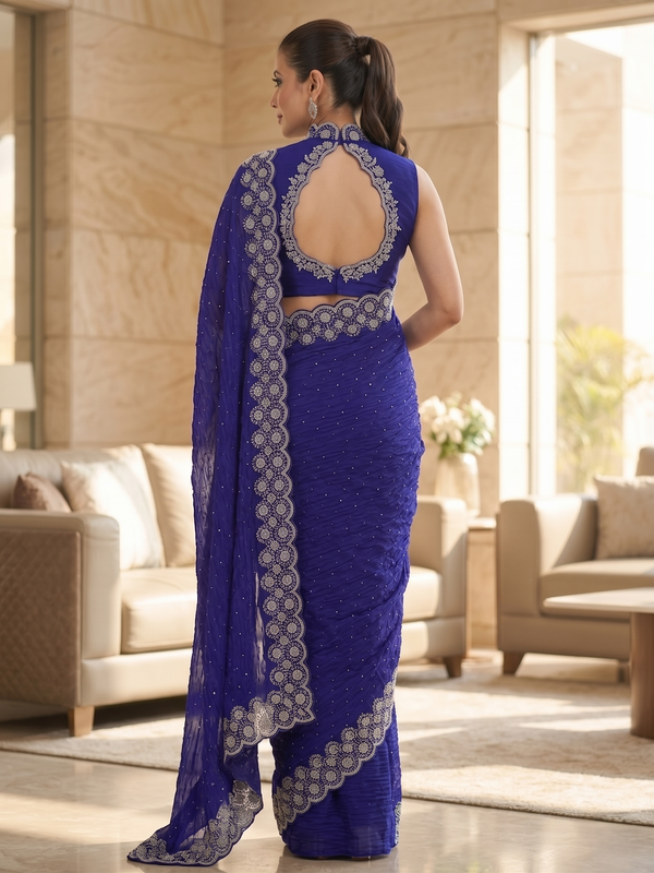 Royal Blue Satin Saree with Zari Weaving & Siroski Border | RD TANISHKA