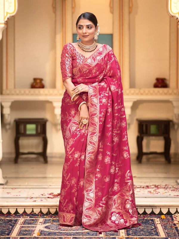 Ruby Pink Banarasi Silk Saree | Ethnic Wear for Women detail view