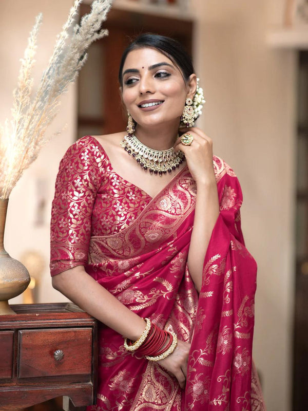 Ruby Pink Banarasi Silk Saree | Ethnic Wear for Women