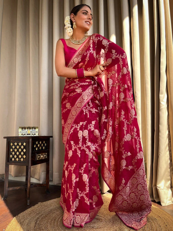 Ruby Pink Jacquard Silk Saree | Rich Zari Border Saree