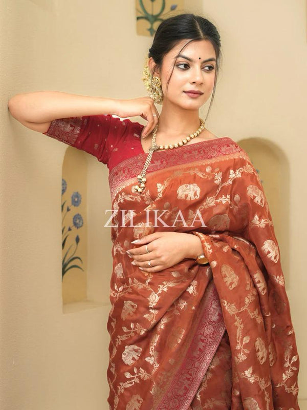 Rust Brown Banarasi Silk Saree | Festival & Ceremony Wear