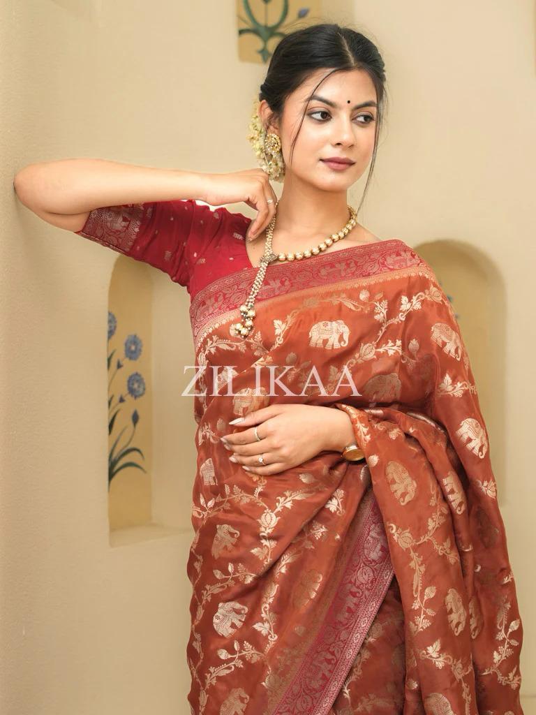 Rust Brown Banarasi Silk Saree | Festival & Ceremony Wear