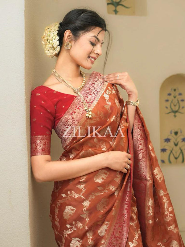 Rust Brown Banarasi Silk Saree | Festival & Ceremony Wear