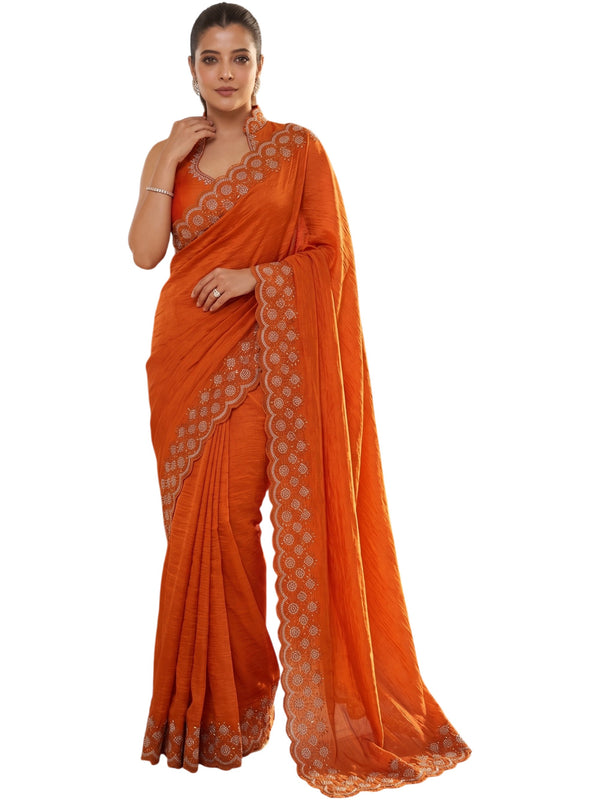 Rust Orange Satin Saree with Zari Weaving & Siroski Border | RD TANISHKA detail view