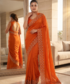 Rust Orange Satin Saree with Zari Weaving & Siroski Border | RD TANISHKA